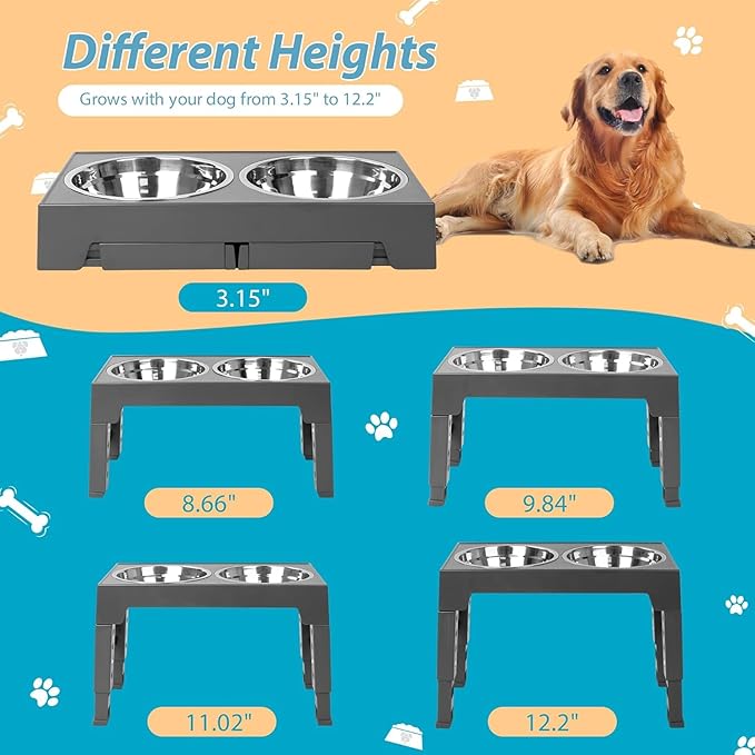 Niubya Elevated Dog Bowls with 2 Stainless Steel Dog Food Bowls, Raised Dog Bowl Adjusts to 5 Heights (3.15", 8.66", 9.84",11.02", 12.2") for Small Medium and Large Dogs