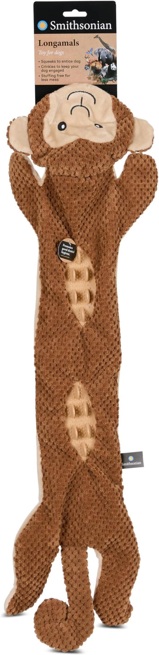 Smithsonian Longamals Monkey Plush Dog Toy – 30" Crinkle & Squeaky, Stuffing-Free Interactive Tug Toy for Medium & Large Dogs
