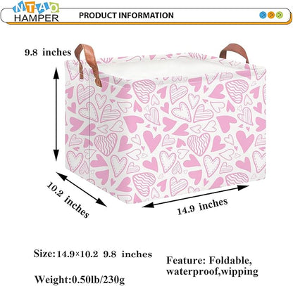 Rectangular Pink Basket Empty, Fabric Storage Basket with Handles, Books Box,Lovely Storage Bin,Room Decor,Gift Basket for Girls(Pink Heart)