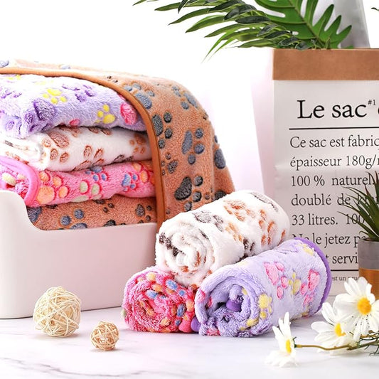 Tatuo 4 Pcs Dog Blanket for Pet Cat Blankets Indoor Puppy Teething Stuff Toys Paw Print Fleece Soft Blanket Sleep Mat for Guinea Pig Cage(White, Coffee, Pink, Purple,Small(24 x 16 Inch),Square)