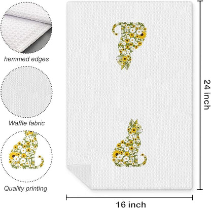 Daisy Floral Cat Kitchen Towel, Floral Cat Hand Towel for Bathroom Decor, Kitten Dish Tea Towel for Kitchen Decor, Pet Gifts for Kitten Lovers Women Girls,