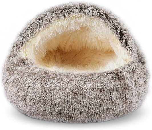 Cat Beds for Indoor Cats,Cat Cave for Puppy and Kitty,Calming Small Dog Bed for Small Dogs with Cover Cave,Cozy Warming Fluffy Washable Anti-Slip Pet Sleeping Bag (Khaki, 22 * 22inch)