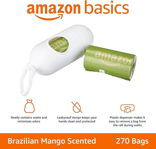 Amazon Basics Premium Leak Proof Dog Poop Bags with Dispenser and Leash Clip, Brazilian Mango Scented, 13" x 9", 270 Count (18 Rolls of 15), Easy-Tear