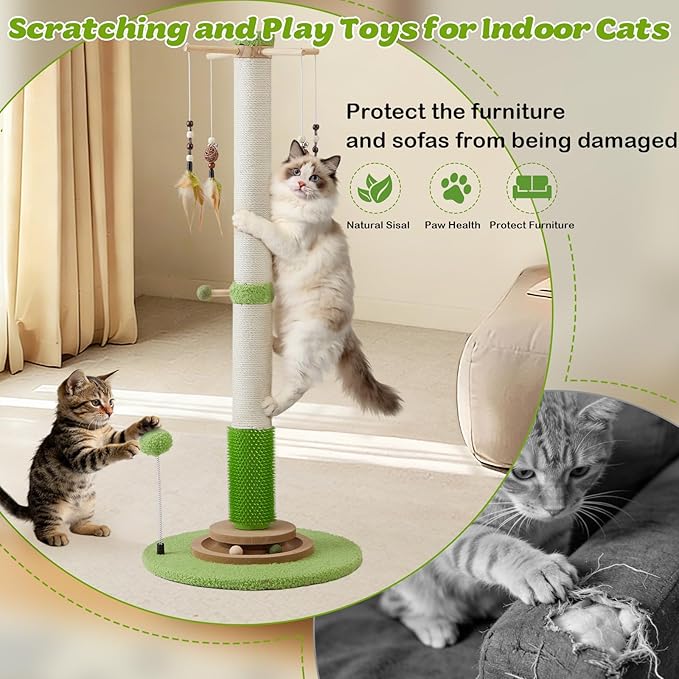 Cat Scratching Post, 38 Inch Tall Scratching Posts for Indoor Cats Adults and Kittens, Sisal Cat Scratch Post with Rotatable Hanging Toys, Rubber Brush, Mint Balls and Interactive Wooden Ball Track