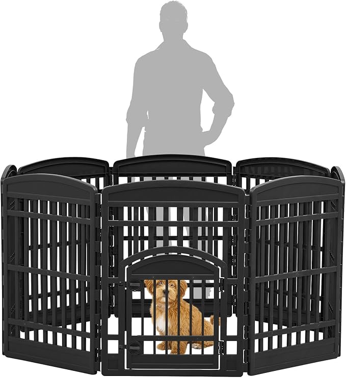IRIS USA Dog Playpen 34" Tall Dog Playpen Indoor – 8-Panel Puppy Playpen with Door, 63 x 63 x 35, Extra Tall Dog Play Pen Indoors for Large Dogs, Plastic Pet Playpen, Indoor Dog Pen, Black