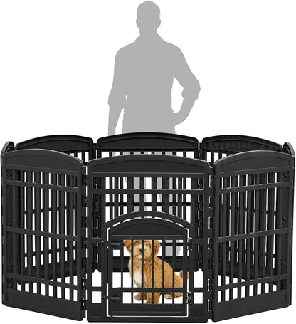 IRIS USA Dog Playpen 34" Tall Dog Playpen Indoor – 8-Panel Puppy Playpen with Door, 63 x 63 x 35, Extra Tall Dog Play Pen Indoors for Large Dogs, Plastic Pet Playpen, Indoor Dog Pen, Black