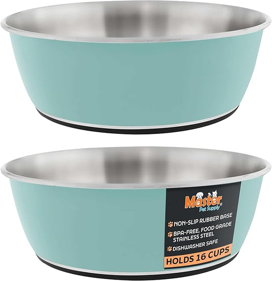 Master Pet Supply Stainless Steel Dog Bowls Set of 2 (128 Oz Each) with Non-Slip Rubber Base - Aqua Sky - Basic Dog Food Bowl Water & Food Bowls for Small Medium Large Dogs & Cats, Metal Dish