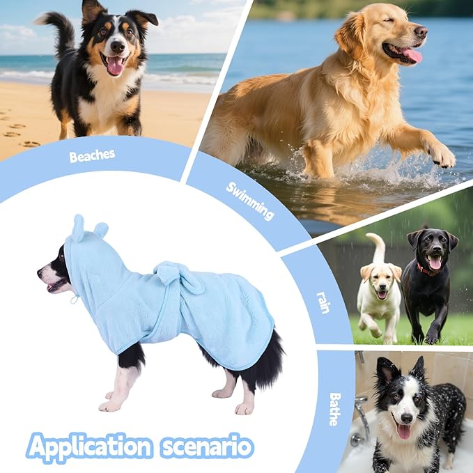 Super Absorbent Dog Bathrobe Pineapple Soft Fast Drying Dogs Towel Robe Adjustable Drying Coat for After Bath with Hood (Coral Velvet Blue, Large)