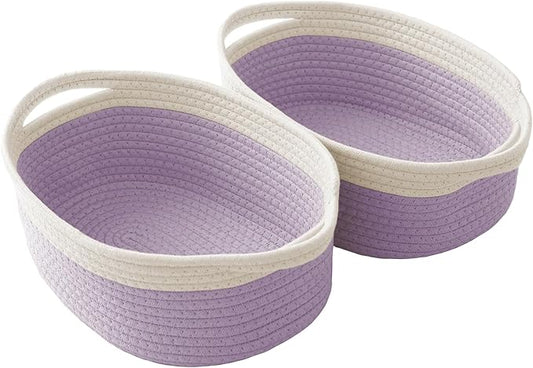 Woven Basket,Small Rope Storage Bin with Handles & Ribbon Bag, Organizer for Shelves Closets,Gift Basket Empty for Birthday,Books,Dog Toys, White&Purple/2 Pack
