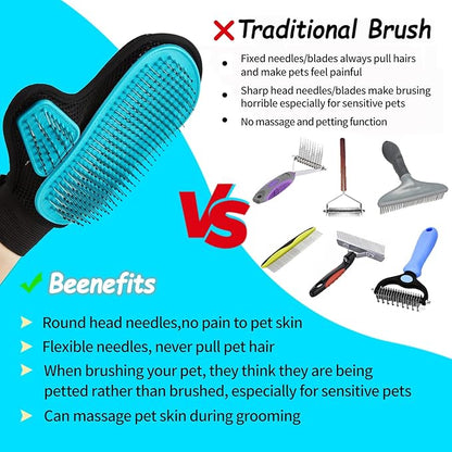 2025 Pet Grooming Glove with Tipped Pin Brush,Special Design Deshedding Glove, Perfect Petting Tool for Sensitive Dogs & Cats with Long & Medium Fur, Massage Mitt - Right-Hand - Blue