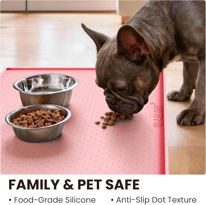 VIVAGLORY Dog Bowl Mat Grippymat Pet Food Mat, Waterproof Washable Nonslip Silicone for Pet & Cat, Food and Water Placemat with Lip & Raised Edges for Indoor Floor, L, Sakura Pink
