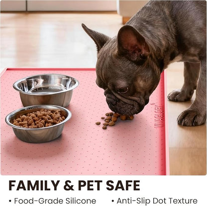 VIVAGLORY Dog Bowl Mat Grippymat Pet Food Mat, Waterproof Washable Nonslip Silicone for Pet & Cat, Food and Water Placemat with Lip & Raised Edges for Indoor Floor, L, Sakura Pink