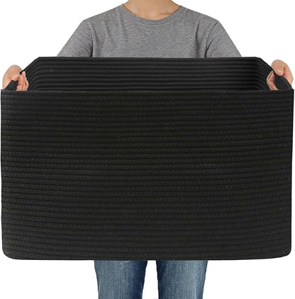 Woven Blanket Basket,65L Large Storage Bin for Blankets Toys Clothes,Decorative Rope Basket for Living Room Bedroom with Handles, Black