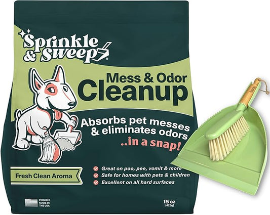 Sprinkle & Sweep: Pet Mess & Odor Cleanup Duo - 15oz Bag & Dustpan Broom - Dog Accident Clumping Powder, Remove Urine-Poop-Vomit from Hard Services