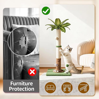 Tall Cat Scratching Post Vertical Pole for Indoor, 35" Palm Tree Sisal Scratch Post for Large Cats & Kittens, Heavy Duty Wooden Carpet Pole with Ball Track Leaves, Furniture Protection