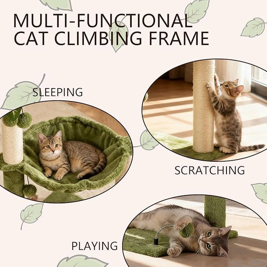 MECOOL Cat Tree for Indoor Cats 35" Tall Cat Scratching Post with Large Cat Hammcok and Hanging Ball Toys Plant Green