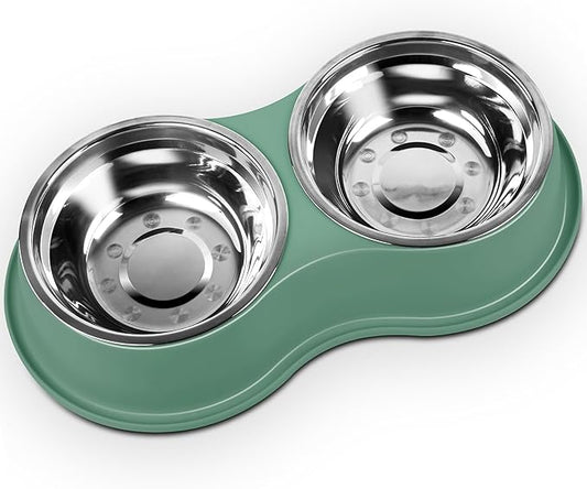 Large Double Dog Water and Food Bowls, Stainless Steel Bowls with Non-Slip Resin Station, Pet Feeder Bowls Food Dish for Small Medium Large Dogs Cats