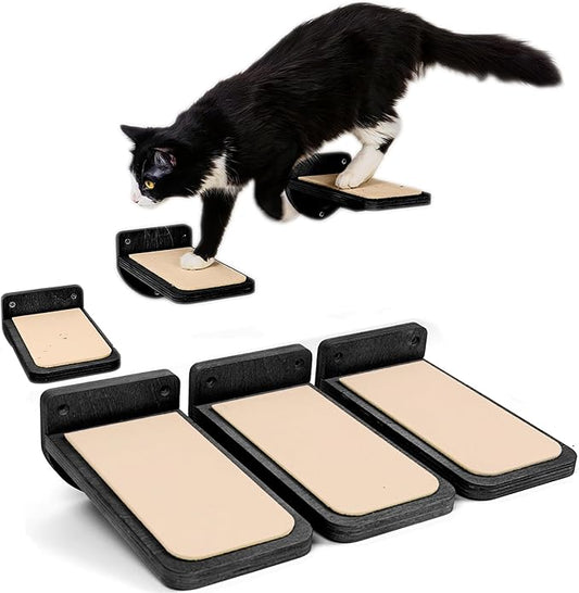 INICIO Cat Wall Steps - Set of 3 Cat Wall Stairs for Cats to Climb with Fixtures, 8.7"x4.7" - Floating Steps for Climbing or Playing - for Kittens and Adult Cats, Black