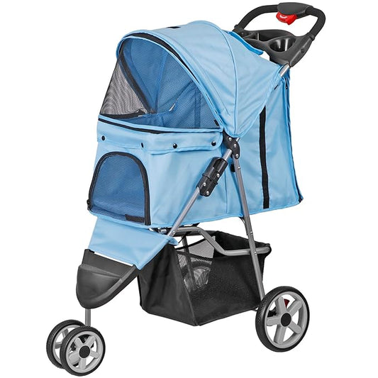 LEMY Pet Stroller,3 Wheels Dog Cat Stroller for Small Medium Dog Cats Carrier Jogger Travel Foldable Puppy with Storage Basket and Cup Holder(Blue)