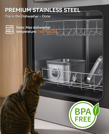 Stainless Steel Cat Water Fountain, 2.8L with 20dB Ultra-Quiet Pump- Ideal for Timid Pets, LED Water Level Window, Dishwasher Safe, 24/7 Circulation- Includes 6 Replacement Filters