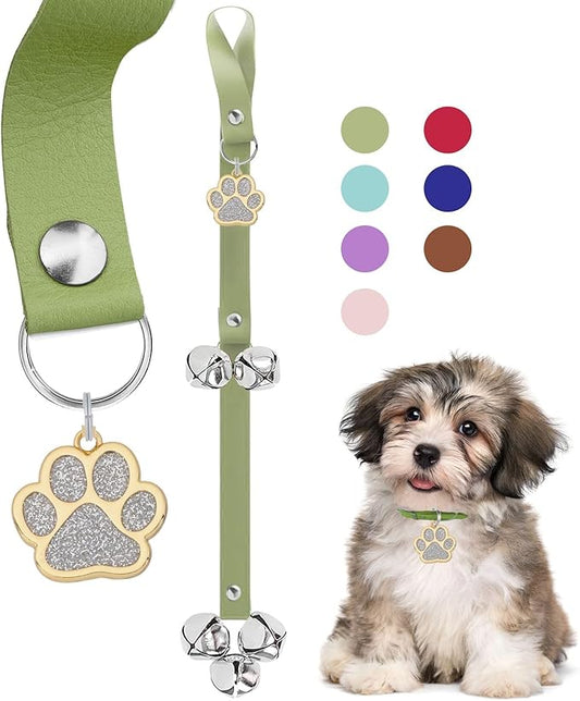 Leather Dog Bells, Puppy Potty Training Bell Dog Doorbell Potty Train Dog Bell for Potty Training Door Bells for Dogs to Ring to Go Outside Jingle Bells (Leather Green, Paw 1 PCS)