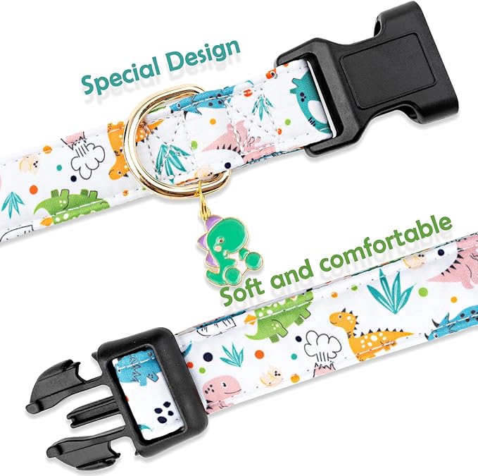 Faygarsle White Dinosaurs Print Cotton Dog Collar for Small, Medium, Large Boys Girls Dogs M