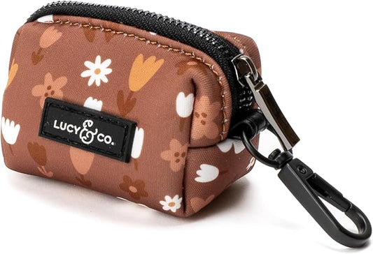 Lucy & Co. Chocolate Meadows Dog Poop Bag Holder - Leak Proof Dispenser - Hygienic Pet Poop Pickup (Brown & White Floral)