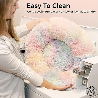 Cat Beds for Indoor Cats - Anti Anxiety Round Dog Beds for Small Medium Dogs, Fluffy Plush Faux Fur Pet Bed (Rainbow, Large 24" L x 24" W)