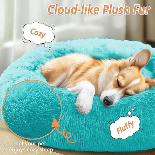 JOLLYVOGUE Calming Dog Bed Medium Size Dog, Anti-Anxiety Donut Medium Pet Bed, 31 inches Fluffy Faux Fur Round Cat Bed, Fits up to 45 lbs Pets (Aqua Blue)