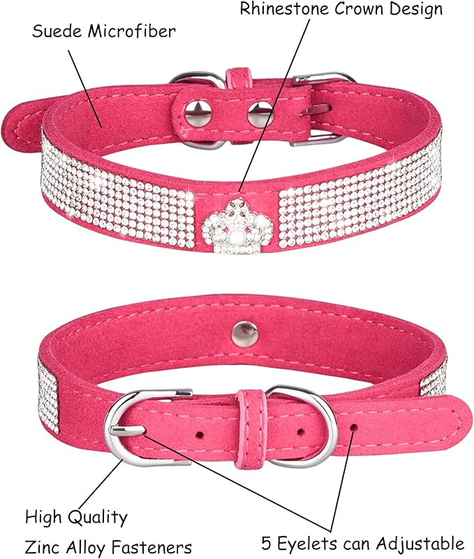 Bling Dog Collar for Small Medium Large Dogs, Crown Rhinestone Dog Collars for Girl and boy Dog, Diamond Puppy Collars, Adjustable Leather Suede SOFE Cat Collar (S(10.6"-13"/27CM-33CM), Rose Red)