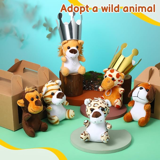 40Pcs Adopt A Pet Party Favors Mini Stuffed Animals Plush Toy Set Includes 10Pcs Safari Jungle Animal Plush Toys, Birthday Hats, Kraft Paper Boxes, Adoption Cards for Adopt A Animal Party