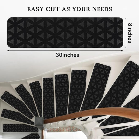 RIOLAND Non-Slip Carpet Stair Treads for Wooden Steps Indoor, 8" X 30", 15 Pack Peel and Stick Stair Treads Runners for Kids Elders and Pets, Black