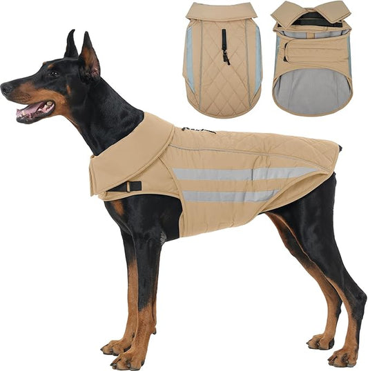 IECOii Dog Coat for Winter - Adjustable Large Dogs Snow Vest Reflective Thermal Jacket for Camping, Climbing, Jogging, Waterproof Cold Weather Coats Windproof, Khaki, Sizes XXXL