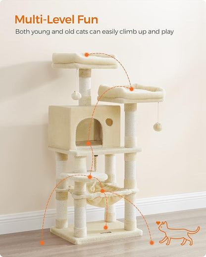 Feandrea Cat Tree, 44.1-Inch Cat Tower for Indoor Cats, Multi-Level Cat Condo with 11 Scratching Posts, 2 Perches, Cave, Hammock, Beige UPCT215M01