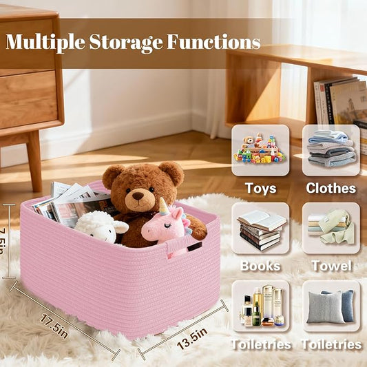 2 Pack Large Storage Basket for Organizing, 17.5"x13"x7" Woven Basket for Shelves, Closet Cube Storage Bins with Wrapped Handle, Cotton Rope Baskets for Kitchen, Clothes, Toys(Light Pink)