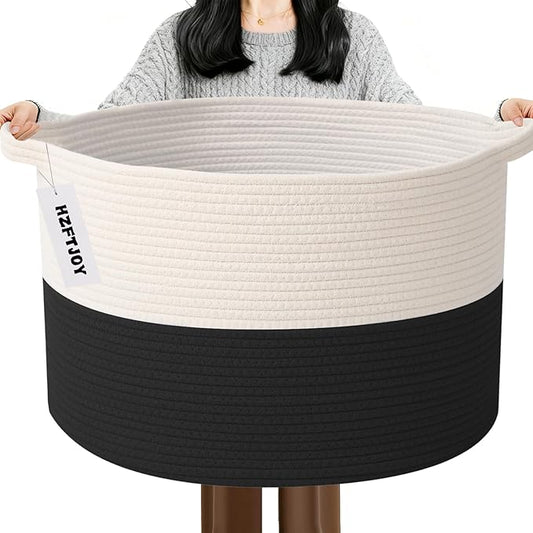 65L Large Blanket Basket,19.7" L x 19.7" W x 13" H Rope Woven Baskets with Handles, Toys Storage Bins,Laundry Basket Perfect for Living Room, Nursery,Bedroom,Home Organization,White&Black