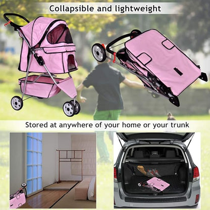 Dkeli 3-Wheel Pet Stroller, Lightweight Foldable Dog Stroller for Small Medium Dogs & Cats, Breathable Mesh & Weather Cover with Storage Basket, for Daily Walk Outdoor Travel (Pink)