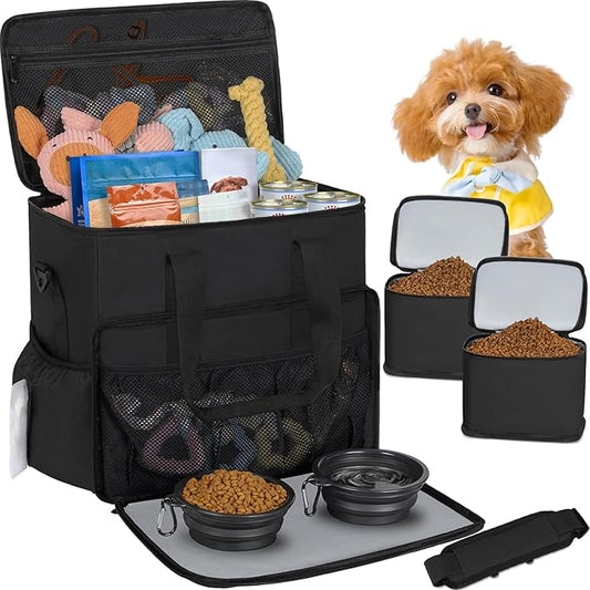 TORIBIO Dog Travel Bag,Large Pet Travel Bag for Supplies with 2 Food Container and Collapsible Bowls,Dog Travel Supplies Organizer Kit for Weekend,Road Trips,Camping