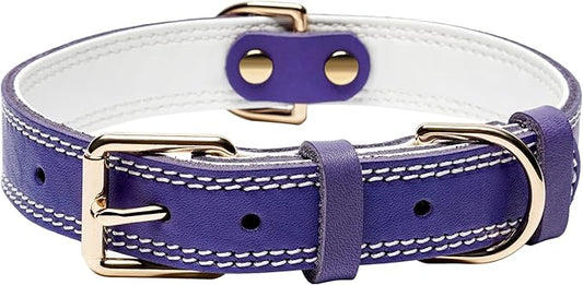 Genuine Leather Dog Collar, Heavy Duty Wide Dog Collar, for Small,Medium, Large and Extra Large Dog (XL: 1.4" Wide for 18.6"-25.8" Neck, Dual Stitch - Purple)
