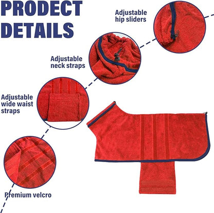 Dog Drying Coat - Fast Drying Dog Towel Robe - Microfiber Super Absorbent Pet Bathrobe, Adjustable Collar & Belly Strap Fast Drying Bath Robe Towel (Large, Red)