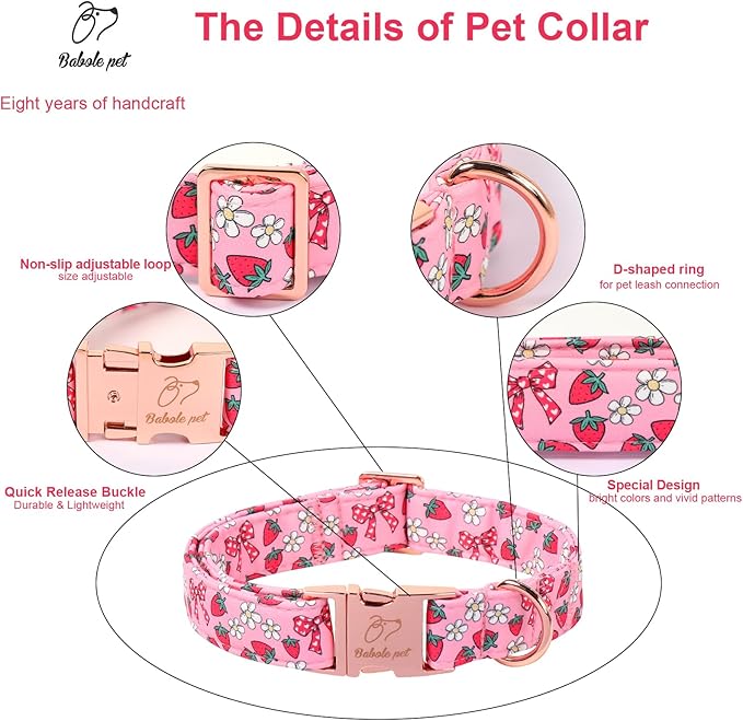 Strawberry Bow Dog Collar, Spring/Summer Pink Girl Dog Collars, Adjustable Heavy Duty Girly Female Dogs Collars for Small Medium Large Dogs with Metal Buckle XS