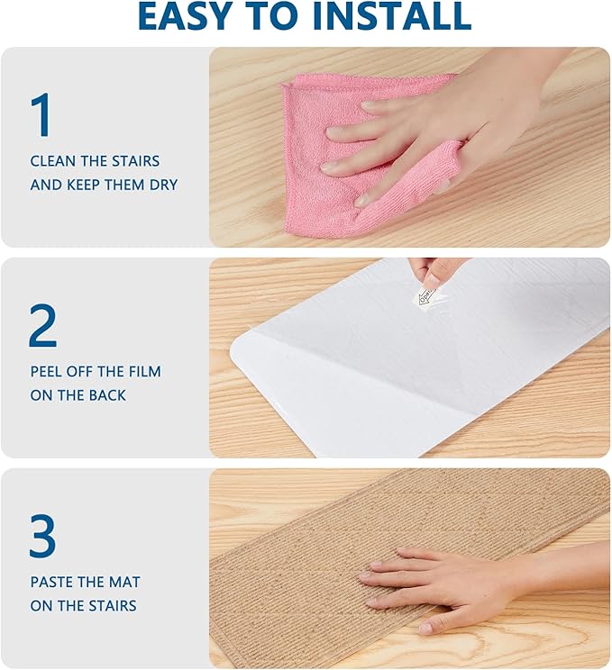 Stair Treads for Wooden Steps Indoor, 15 Pack 8" X 30" Non Slip Carpet Stair Treads with Reusable Adhesive for Kids Elders and Dogs, Surface Polyester TPR Backing Stair Rugs, Beige