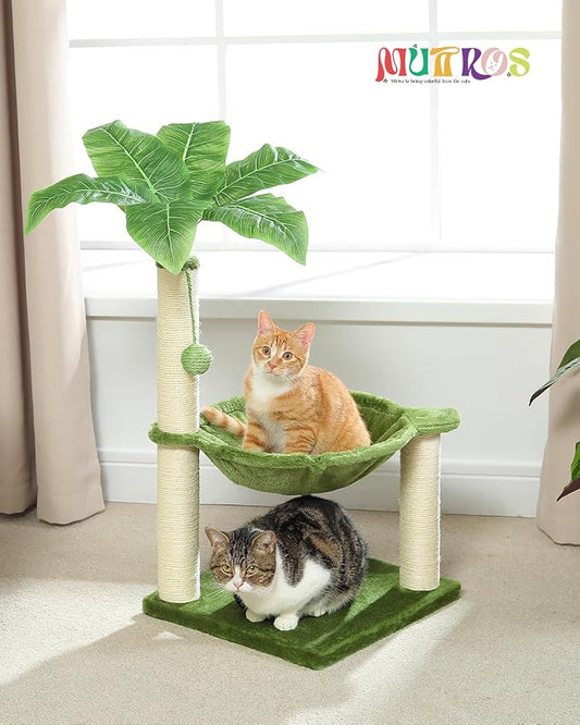 MUTTROS Small Cat Tree, 28" Cat Tower with Sisal Scratching Posts and Coconut Leaves for Indoor Small Cats, Large Hammock and Dangling Ball for Kittens, Green