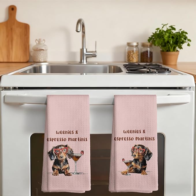Weenies and Espresso Martini Kitchen Towels Set of 2, Dachshund Lover Gifts Dish Tea Towels for Kitchen, Gifts Cocktail Lovers Hand Towels, Weiner Dog Gifts, 16x24 Inch,CC154