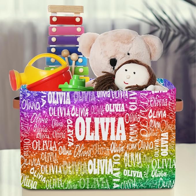 Custom Name Storage Bin, Personalized Rectangular Storage Basket with Handles for Organizing Boys Girls Toys Office Closet Shelf Baskets, Bright Colorful Rainbow Red Green Purple Sequins Glitter