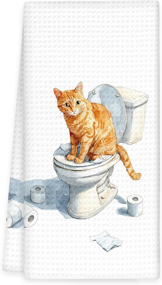 Funny Orange Cat Bathroom Hand Towels, Gifts for Orange Cat Owners Lovers Women Men, Cute Kitten Kitty Decor for Bathrooms,Funny Pet Lovers Toilet Hand Towels for Bathroom Washroom,16x24In