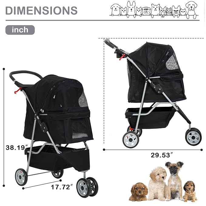 3 Wheels Dog Stroller, Foldable Pet Stroller for Small Medium Dogs, Portable Breathable Cat Stroller Dog Strollers with Storage Basket, Cup Holders, Removable Liner for Travel & Outdoor Use, Black