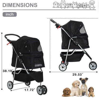 3 Wheels Dog Stroller, Foldable Pet Stroller for Small Medium Dogs, Portable Breathable Cat Stroller Dog Strollers with Storage Basket, Cup Holders, Removable Liner for Travel & Outdoor Use, Black