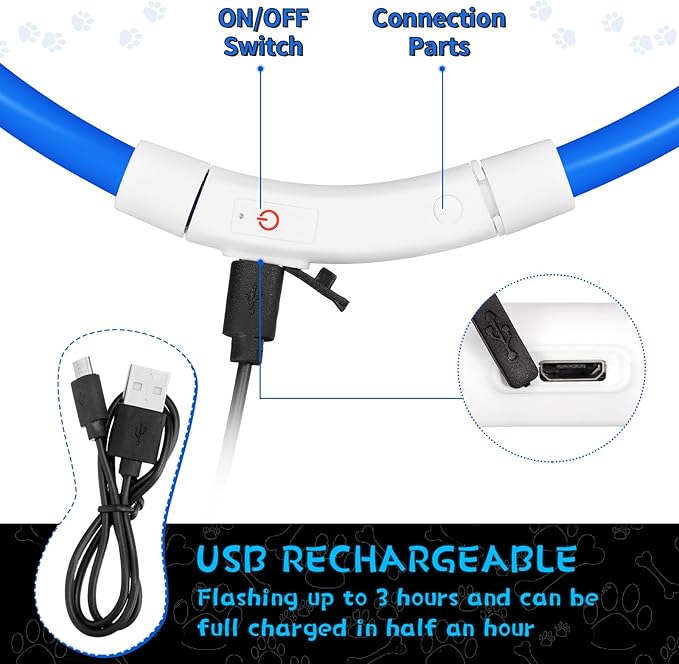 Weewooday 3 Pcs Dog Collar USB Rechargeable LED Light up Dog Collar Flash Waterproof Pet Necklace Pet Lights for Night Walking Adjustable Safety Necklace for Large Medium Small Puppy(Blue)