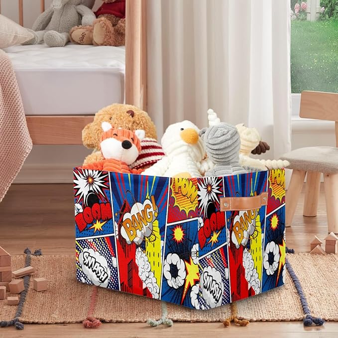 Rectangle Storage Basket with Handles, Cube Organizer Bins for Shelves Collapsible Toys Storage Box Clothes Baskets for Nursery Home Kids Room(Comics)